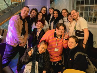 Teesside University students Elizabeth and Faiza pictured fifth and sixth from the back left respectively alongside other fellows (Credit: Sanne Gault for Alchemy Film & Arts). Link to View the pictures.