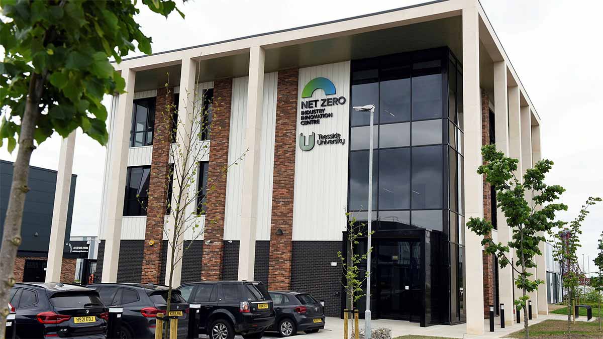 Learn about the Net Zero Industry Innovation Centre facility at Teesside University Exterior view of Teesside University's Net Zero Industry Innovation Centre building
