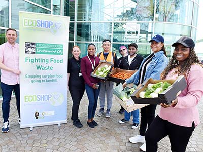 Stephen Goodall (far left), Social Responsibility Officer at Teesside University, and Lisa Harris (second-left), Eco-Shop Coordinator at Middlesbrough Environment City, with student volunteers at the new pop-up eco shop being run in the students’ union in partnership with Middlesbrough Environment City.. Link to Food waste initiative confirms University’s eco credentials.
