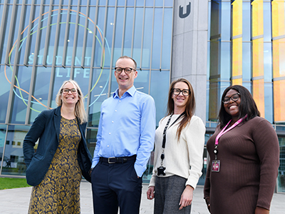 Rosie Jones, Director, Student & Library Services; Professor Mark Simpson, Deputy Vice-Chancellor; Lindsay While, Assistant Director Student Wellbeing and Welfare; Blessing Ihuoma, Students’ Union President Wellbeing. Link to Student Minds University Mental Health Charter Award recognition.