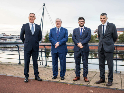 From left - Professor Paul Croney OBE, Vice-Chancellor and Chief Executive, Teesside University; Councillor Bob Cook, Leader, Stockton-on-Tees Borough Council; Mike Greene, Chief Executive, Stockton-on-Tees Borough Council; Professor Steve Cummings, Pro Vice-Chancellor, Teesside University. Link to Green light for collaboration on medical school proposal.