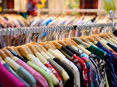 Variety of clothing items hanging on a  clothing rail. Link to Do Good, Feel Good - £1 clothing sale.