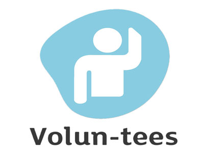 The Volun-tees logo - a blue background with a figure and the word Volun-tees below, in black text. Link to Volunteering Roadshow.