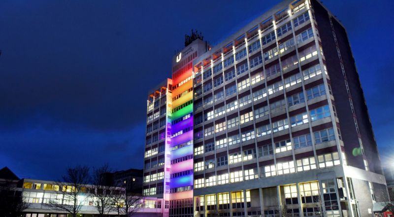 Middlesbrough Tower. Link to Celebrating Pride Month at Teesside University.