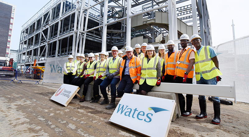 Staff, students and members of the Wates Construction team at the Digital Life building 