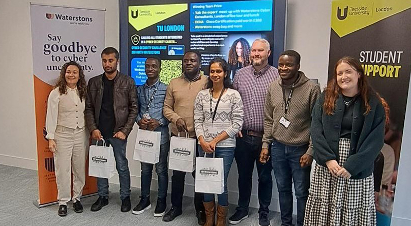 Members of the winning team with Waterstons representatives and Victor Onyenagubon, Cyber Security Module Leader. Link to Members of the winning team with Waterstons representatives and Victor Onyenagubon, Cyber Security Module Leader.