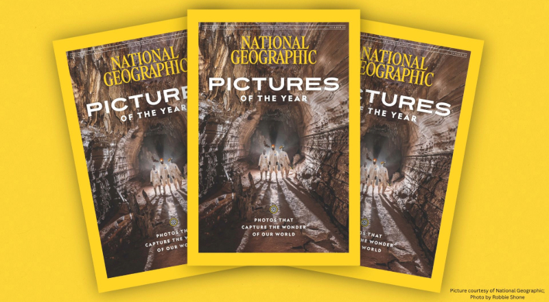 •	The 2024 National Geographic Pictures of the Year magazine showing the Teesside University-led research team on its front cover (Image courtesy of National Geographic; Photo by Robbie Shone)