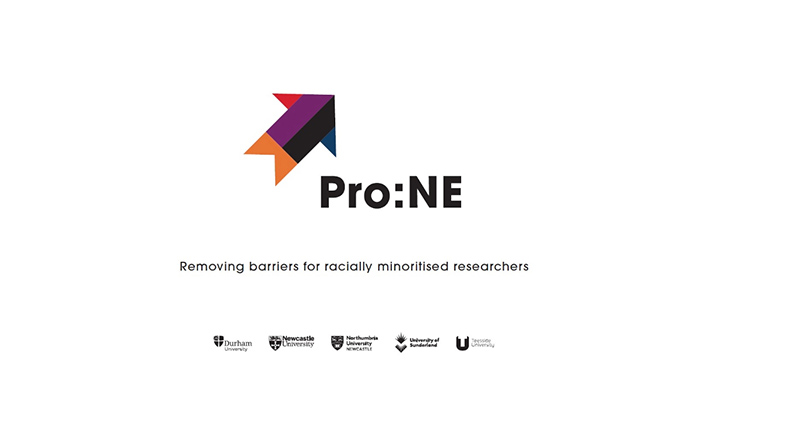 Pro:NE logo with tagline 'removing barriers for racially minoritised researchers.' Participating University logos appear at the bottom: Durham University, Newcastle University, Northumbria University, University of Sunderland, Teesside University