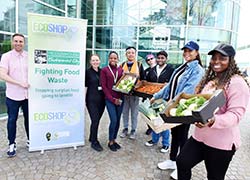 Stephen Goodall (far left), Social Responsibility Officer at Teesside University, and Lisa Harris (second-left), Eco-Shop Coordinator at Middlesbrough Environment City, with student volunteers at the new pop-up eco shop being run in the students’ union in partnership with Middlesbrough Environment City.