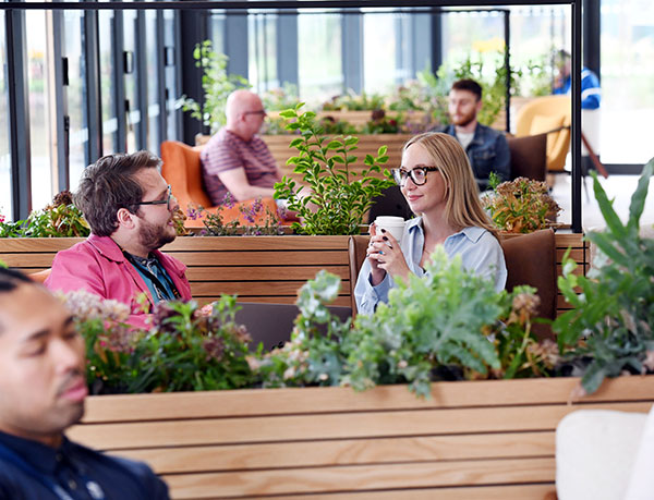 Students sit at the library coffee shop